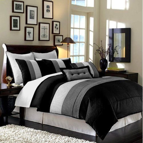 black and white striped comforter - Chezmoi Collection 6-Piece Luxury Stripe Comforter Bed-in-a-Bag Set, Black-White-Grey, Twin
