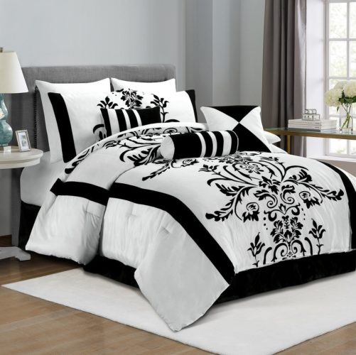 black and white floral comforter set - Chezmoi Collection 7-Piece White with Black Floral Flocking Comforter Set Bed-in-a-Bag for King Size Bedding, 106 by 92-Inch
