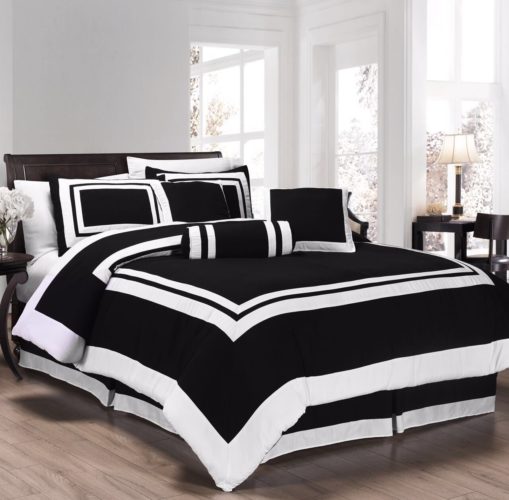Elegant Black and White Bedroom Ideas - Chezmoi Collection 7 Pieces Caprice Black-White Square Pattern Hotel Bedding Comforter Set (Queen, Black-White)