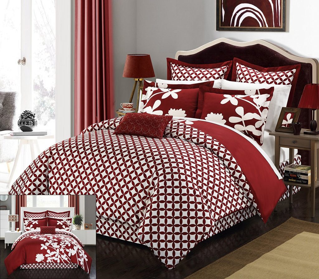 Burgundy Comforter Sets - Chic Home 11 Piece Iris Reversible large scale floral design printed with diamond pattern reverse King Comforter Set Red With sheet set