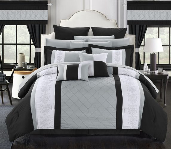 black and white comforter king - Chic Home 24 Piece Danielle Complete Pintuck Embroidery Color Block Bedding, Sheets, Window Panel Collection Bed in a Bag Comforter Set, King, Black