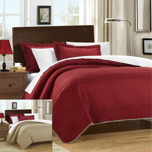 Burgundy Quilt - Chic Home 3 Piece Chevron Blocks Palermo Reversible Quilt, Queen, Red