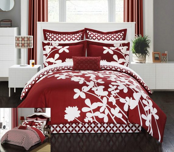Chic Home 7 Piece Iris Reversible Large Scale Floral Design Printed with Diamond Pattern Reverse Comforter Set, King, Red