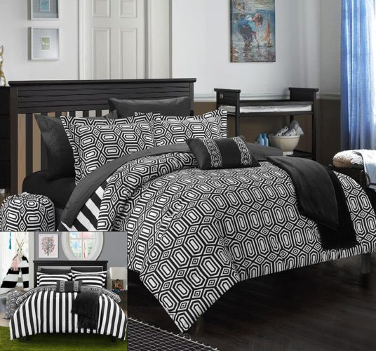 black and white reversible comforter - Chic Home 8 Piece Paris Reversible Geometric and Striped Comforter Sheet Set, Twin X-Long, Black