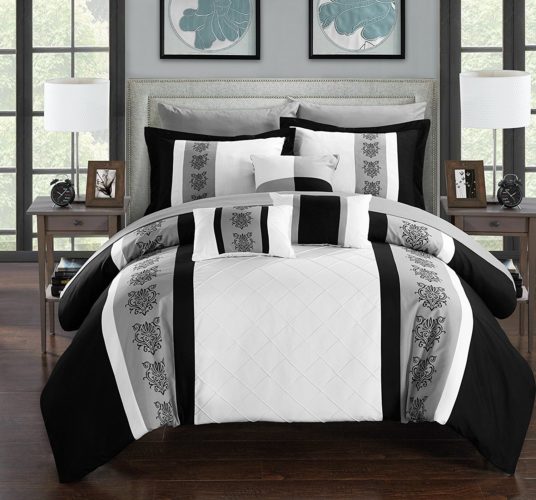 black and white comforter king - Chic Home Clayton 10 Piece Comforter Set Pintuck Pieced Block Embroidery Bed in a Bag with Sheet Set, King Black White