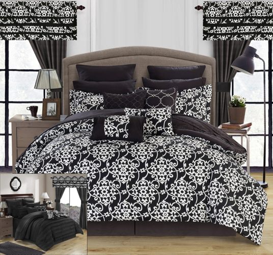 black and white comforter king - Chic Home Hailee 24 Piece Comforter Set Complete Bed in a Bag Pleated Ruffles and Reversible Print with Sheet Set & Window Treatment, King Black