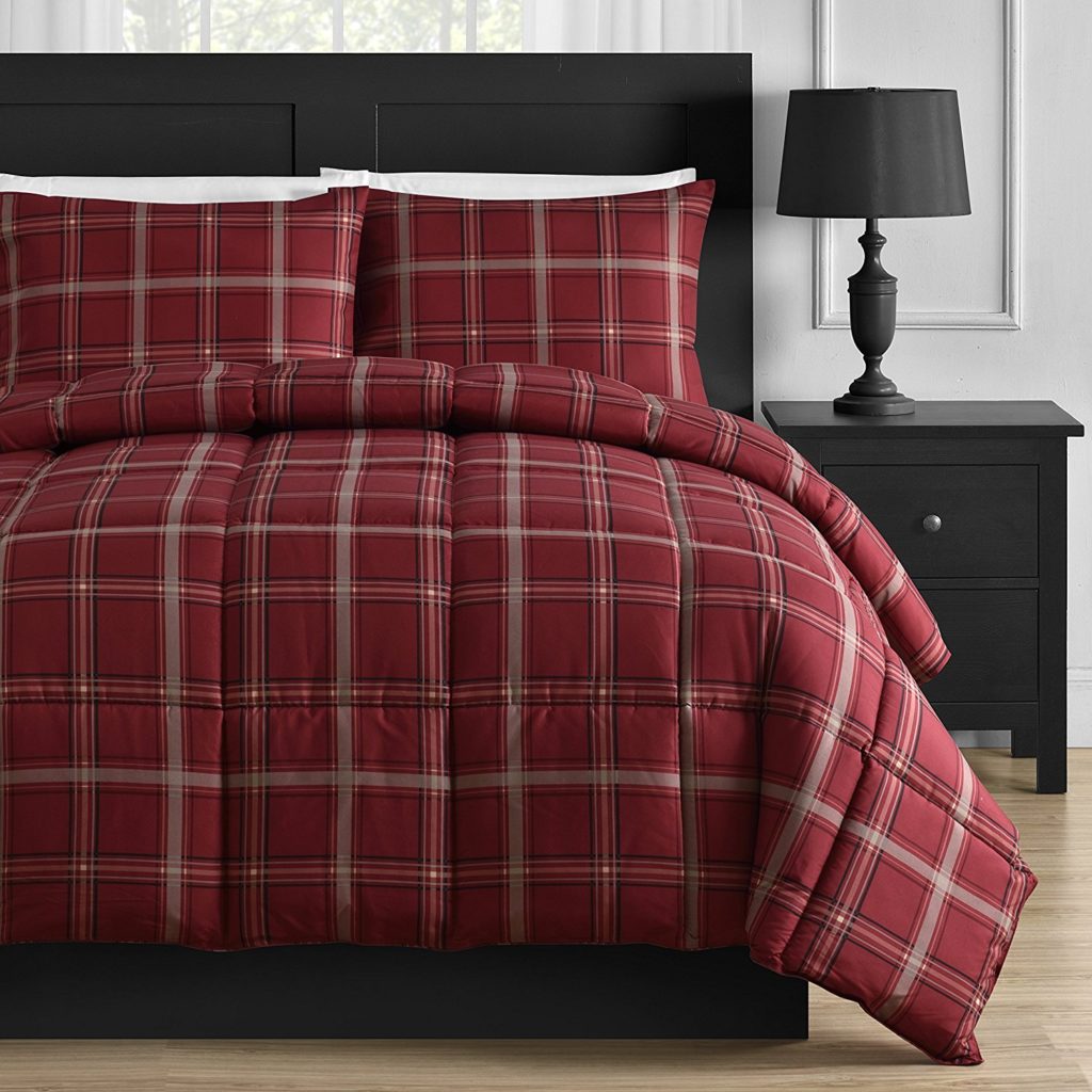 Burgundy Comforter Sets - Comfy Bedding Red Plaid Down Alternative 3-piece Comforter Set (Red, King)