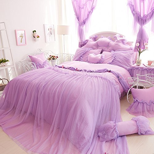 Cute Girl Bed Set 100% Cotton Princess Ruffled Lace Duvet Cover Sets (Duvet Cover+Bed Skirt+Pillow Cases) Queen Purple - purple shabby chic bedroom