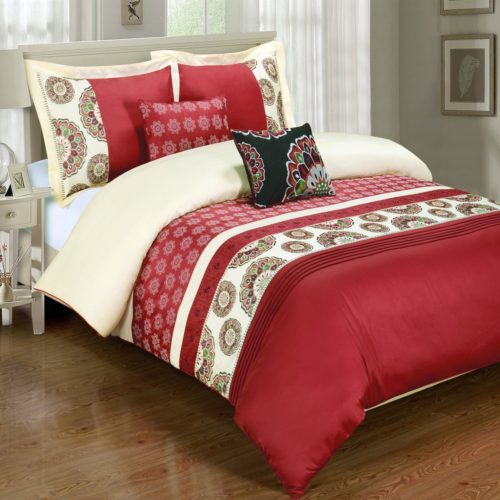 Deluxe Reversible Chelsea Comforter Set, 100% Cotton 300 Thread Count Bedding, woven with superior single-ply yarn. 6 Piece Full-Queen Size Comforter Set, Red and Ivory