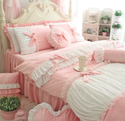 FADFAY Cute Girls Short Plush Bedding Set Romantic White Ruffle Duvet Cover Sets 4-Piece,Pink Full 2 - victorian bedding collections