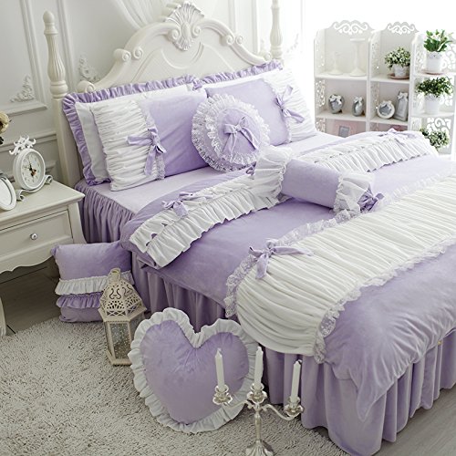 FADFAY Cute Girls Short Plush Bedding Set Romantic White Ruffle Duvet Cover Sets 4-Piece,Purple Twin - shabby chic purple bedroom