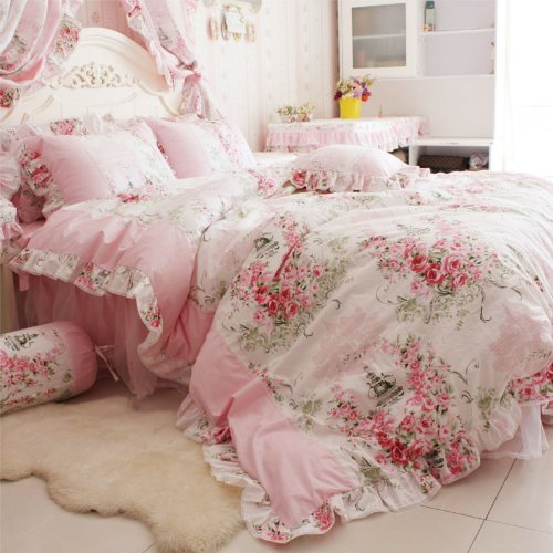 FADFAY Home Textile Pink Rose Floral Print Duvet Cover Bedding Set For Girls 4 Pieces King Size - victorian bedding collections