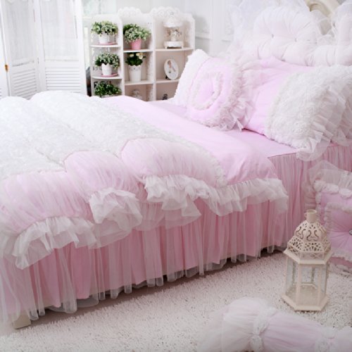 FADFAY Home Textile,Beautiful Korean Rose Bedding Sets,Luxury Girls Pink Lace Ruffle Bedding Sets,Romantic Princess Wedding Bedding Set,Girls Fairy Bedding Sets - victorian bedding collections