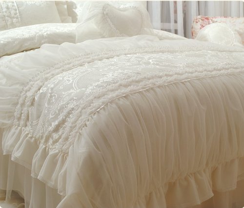 FADFAY Home Textile,Beautiful Milk White Ruffle Bedding Set,Korean Bedding Sets,Girls Lace Ruffled Bedding Set,9Pcs,Queen - victorian bedding collections