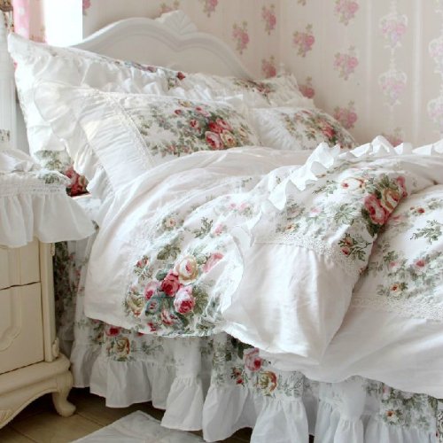 FADFAY Home Textile,New European Vintage Floral Rose Bedding Set,Shabby Floral Country Style Bedding Set,White Lace Ruffle Bedding Sets - victorian bedding collections