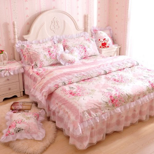 FADFAY,Romantic Flower Print Bedding Set,Floral Bed Set,Princess Lace Ruffle Duvet Cover King Queen Twin,4Pcs - victorian bedding collections