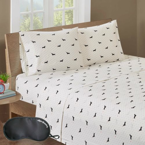 black and white bedsheets - HipStyle Olivia 200 Thread Count Dachshund Printed 4-Piece FULL Size Sheet Set in Black-Ivory with Sleep Mask