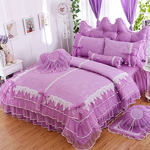 LELVA Girls Bedding Set Ruffle Lace Bedding Set Bedding Set Beautiful Princess Wedding Bedding Set (Twin, Purple) - purple shabby chic bedroom