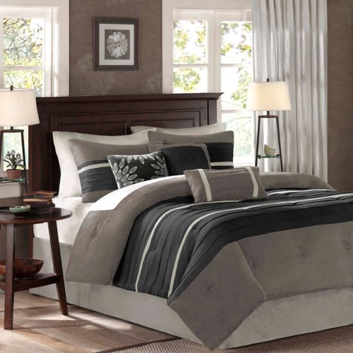 black and white comforter sets queen - Madison Park Palmer 7 Piece Comforter Set, Queen, Black-Gray