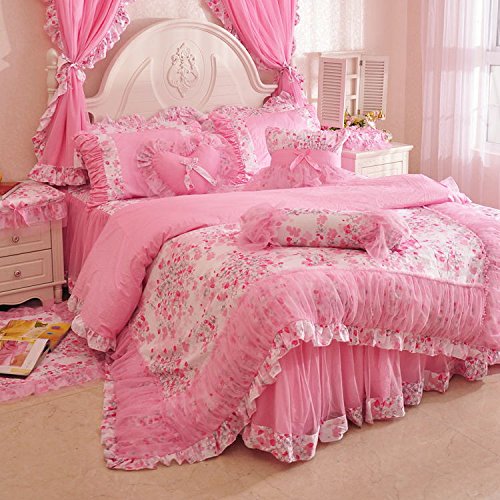 MeMoreCool Home Textile Elegant Design Pastoral Style Floral Lace Princess Bedding Set Girly Ruffle Duvet Cover Fashion Exquisite Falbala Bed Skirt Queen Size 4Pcs 2 - shabby chic vintage bedding collections