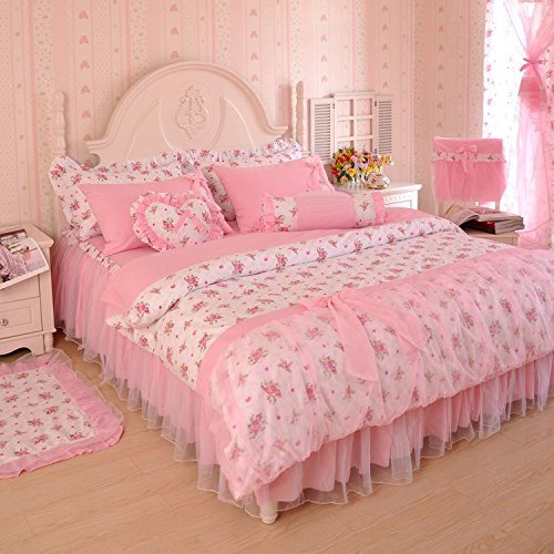 MeMoreCool Home Textile Elegant Design Pastoral Style Floral Lace Princess Bedding Set Girly Ruffle Duvet Cover Fashion Exquisite Falbala Bed Skirt Queen Size 4Pcs - shabby chic vintage bedding