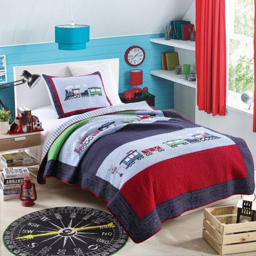 NEWLAKE 100% Cotton Plaid Quilt Comforter Children’s Bedspread Set, Train Patchwork Pattern, Twin size - Red White and Blue Boys Bedding