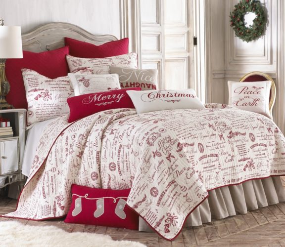 Noelle King Quilt Set, White-Red Script, Cotton Christmas Holiday