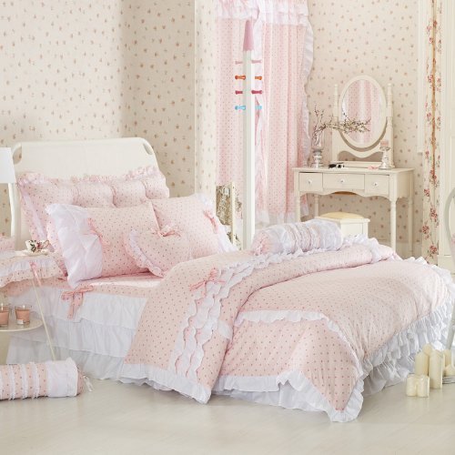 Pink Polka Dot Bedding Sets,Rustic Girls Duvet Cover Set ,Queen Size,4Pcs - victorian bedding collections