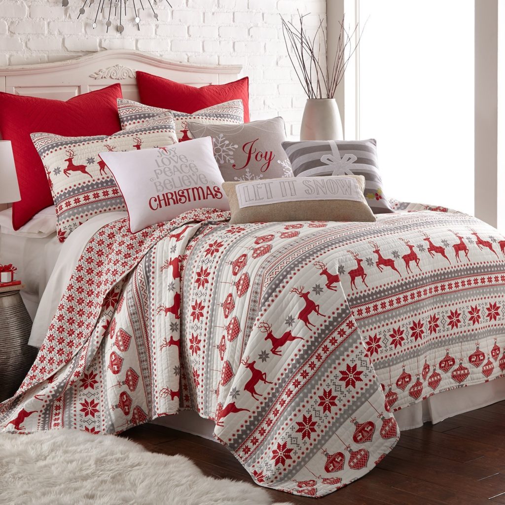 Silent Night Full-Queen Quilt Set, Red-Grey-White, Cotton Christmas Holiday
