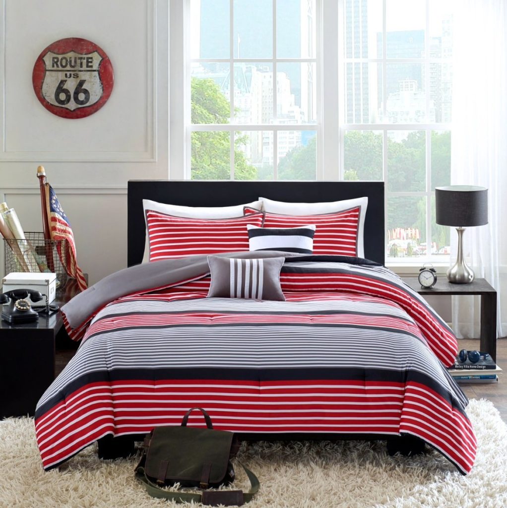 Teen Boys Rugby Stripe Red Black Gray FULL QUEEN Comforter + 2 Shams +2 Decorative Pillows + Home Style Sleep Mask Boy Kids Comforters Sets (Full-Queen Red Black)