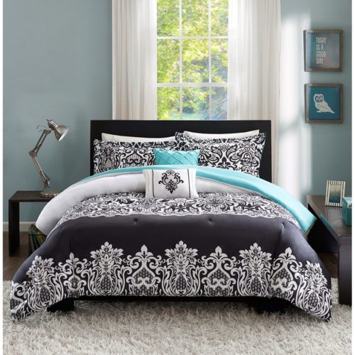 black and white comforter sets queen - Teen Girl Bedding Damask Girls Comforter Black White Aqua Teal Full Queen Bedspread Sets for Kids Teenage Teens Floral Medallion