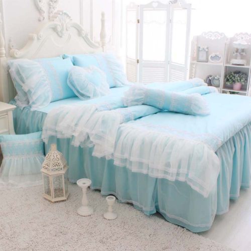 TideTex 4pc Romantic European Rural Style Duvet Cover Sets Lace Flouncing Bed Skirt Girls Fairy Bedding Sets Fresh Blue Bedding Sets 100%Cotton Home Textiles (King, Blue) - blue shabby chic bedding
