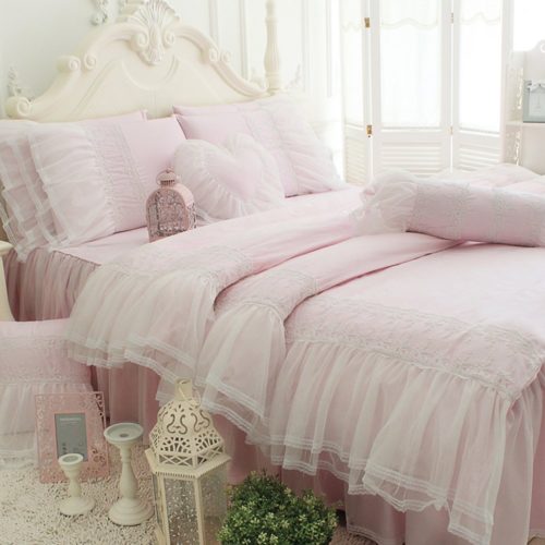 TideTex 4pc Romantic Light Pink Princess Bedding Sets European Rural Bedding Sets 100%Pure Cotton Bed Skirt Lace Flouncing Duvet Cover Set Girls Fairy Bedding Sets (King, Light) - victorian bedding collections