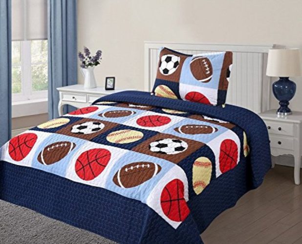 Red White and Blue Boys Bedding - Twin Size 2 Pcs Quilt Bedspread Set Kids Sports Basketball Football Baseball Boys Girls
