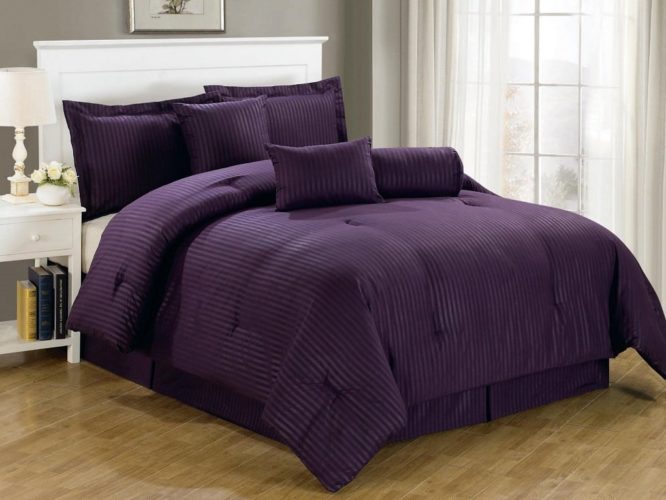 Purple Bedding Ideas - Chezmoi Collection 7-Piece Hotel Dobby Stripe Comforter Set, King, Purple