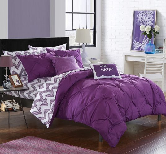 Purple Bed in a Bag - Chic Home 9 Piece Louisville Pinch Pleated and Ruffled Chevron Print Reversible Bed In a Bag Comforter Set Sheets, Full, Purple