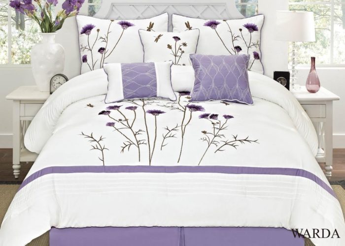 Purple and White Bedding - Fancy Collection 7-pc Embroidery Bedding Off White Purple Lavender Comforter Set (King)