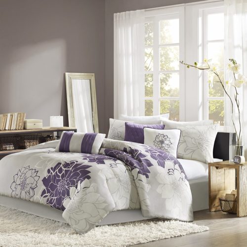 Purple and Grey Bedding - Madison Park Lola 7 Piece Print Comforter Set, King, Grey-Purple