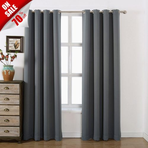 AMAZLINEN 52x84-Inch Grommet Top Blackout Curtains with Tie Back, Charcoal Grey Curtains (Set of 2)