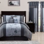 Grey Bedding and Matching Curtains - Chezmoi Collection 7-Piece Embroidered Floral Bed in a Bag Comforter Set Queen, Grey Blue Bedding
