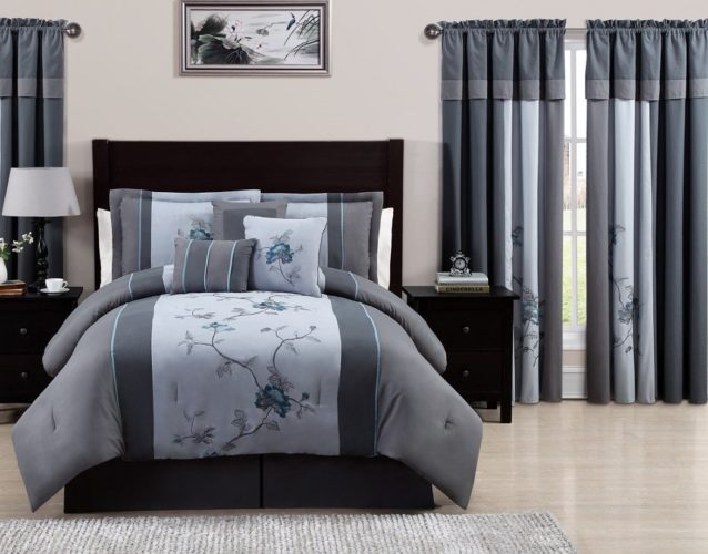 Grey Bedding and Matching Curtains - Chezmoi Collection 7-Piece Embroidered Floral Bed in a Bag Comforter Set Queen, Grey Blue Bedding