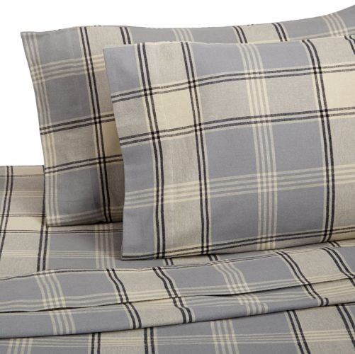 Pinzon 160 Gram Plaid Flannel Sheet Set - Twin, Grey Plaid - Grey Bedding and Matching Curtains