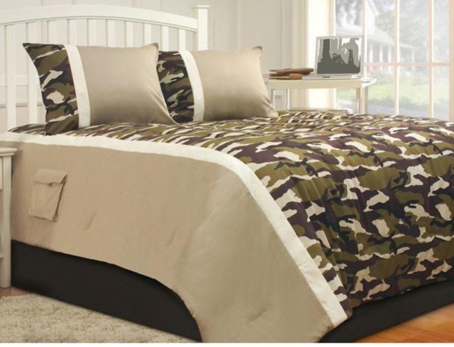 3 Piece Military Camouflage Design Comforter Set King Size, Camo Patterned Comfortable Bedding, Contemporary Playful Boys Teens Bedroom Decor, Tan, Green, Mult