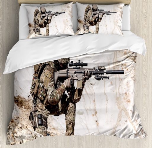 Army Camouflage Bedding - Army Duvet Cover Set by Ambesonne, United States Ranger on the Mountain Targeting with Gun Camouflage War Theme Picture, Queen - Full, Beige Green