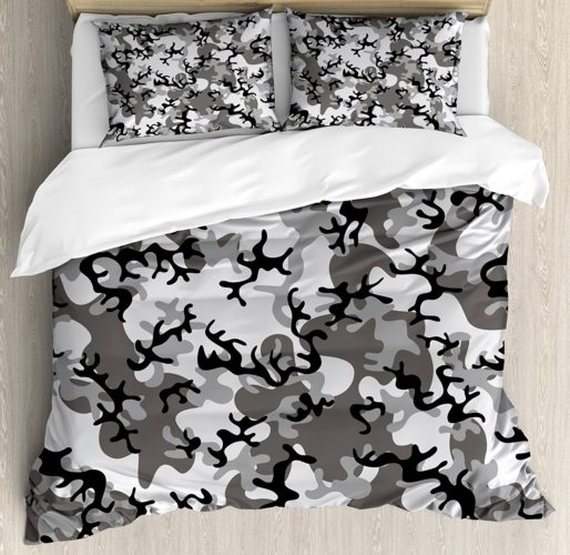Camo Duvet Cover Set by Ambesonne, Battledress Concept Concealment, 3 Piece Bedding Set with Pillow Shams, Queen - Full, Black Grey Silver