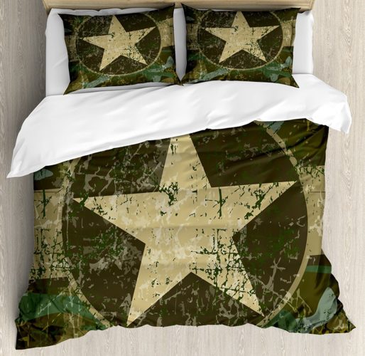 Camo Duvet Cover Set by Ambesonne, Grunge Dusty Dirty Design with a Star in Circle Undercover War Theme, Queen - Full, Army Green Beige Dark Brown