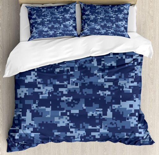 Camo Duvet Cover Set by Ambesonne, Militaristic Digital Effected Armed Forces Pattern Grunge Fashion in Blue, Queen - Full, Dark Blue Light Blue