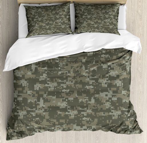 Camouflage Duvet Cover Set Queen Size by Ambesonne, Monochrome Military Attire Pattern Concealing Hiding in the Woods, Army Green Sage Green