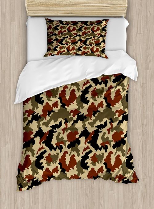 Military Camo Bedding Sets - Camouflage Duvet Cover Set Twin Size by Ambesonne, Pixel Art Style Military Blending in Environment Pattern Abstract Fashion, Brown Black Sepia