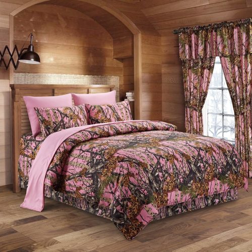 The Woods Pink Camouflage Twin 5pc Premium Luxury Comforter, Comfort Camo Bedding Set For Hunters Cabin or Rustic Lodge Teens Boys and Girls